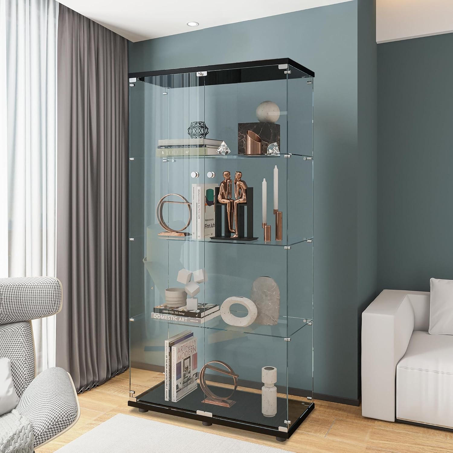 Glass Cabinet Display - Vetrina in Vetro con 4 Ripiani,